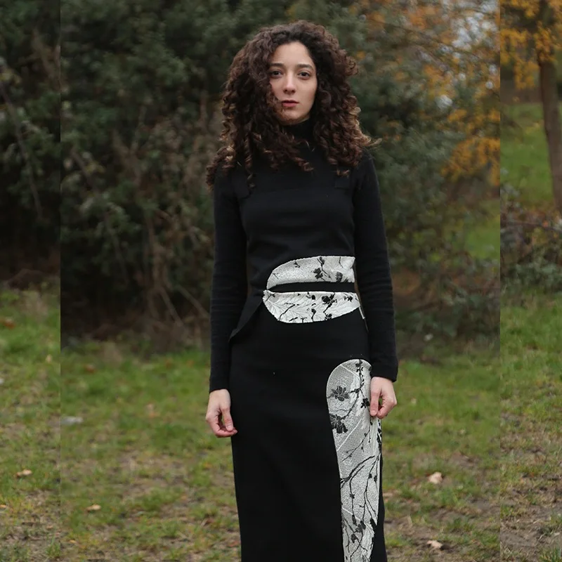 2019 Summer Gloria&ampGrace Elegant Spaghetti Strap Black Knitting Patchwork Blossom Floral Flowers Print Pattern Mid-Calf Dress | Женская