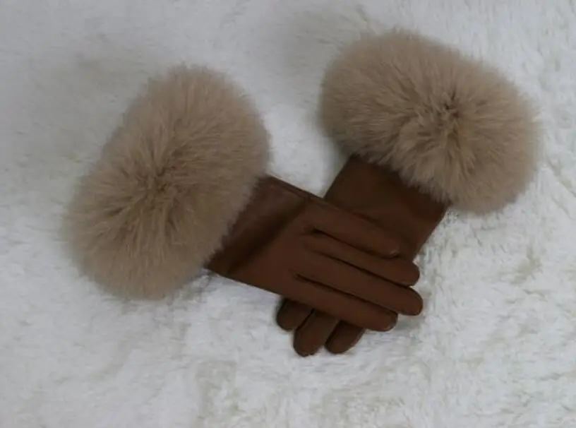 khaki Женские перчатки из натуральной кожи, зимние теплые перчатки из натуральной овчины и лисьего меха, модный стиль, натуральный Пушистый Лисий Мех* harppihop - Цвет: khaki