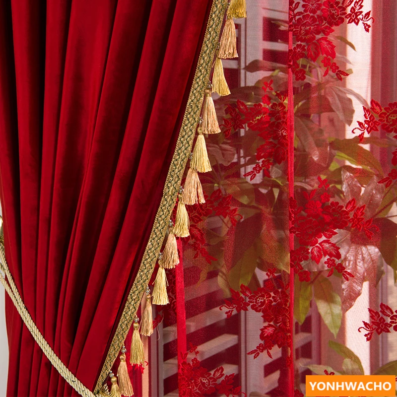 Custom curtains Simple modern festive wedding room solid red velvet thick cloth blackout curtain tulle drapes N925 | Дом и сад