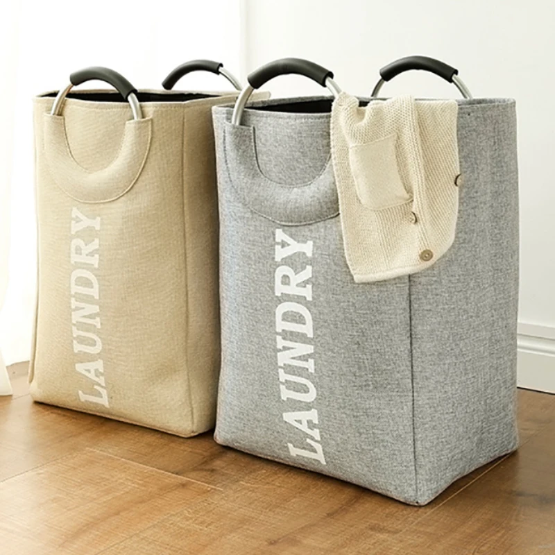 

Foldable linen laundry hamper on aluminum handle home large toys sundries Storage basket Folding laundry handbag JJJSN11167