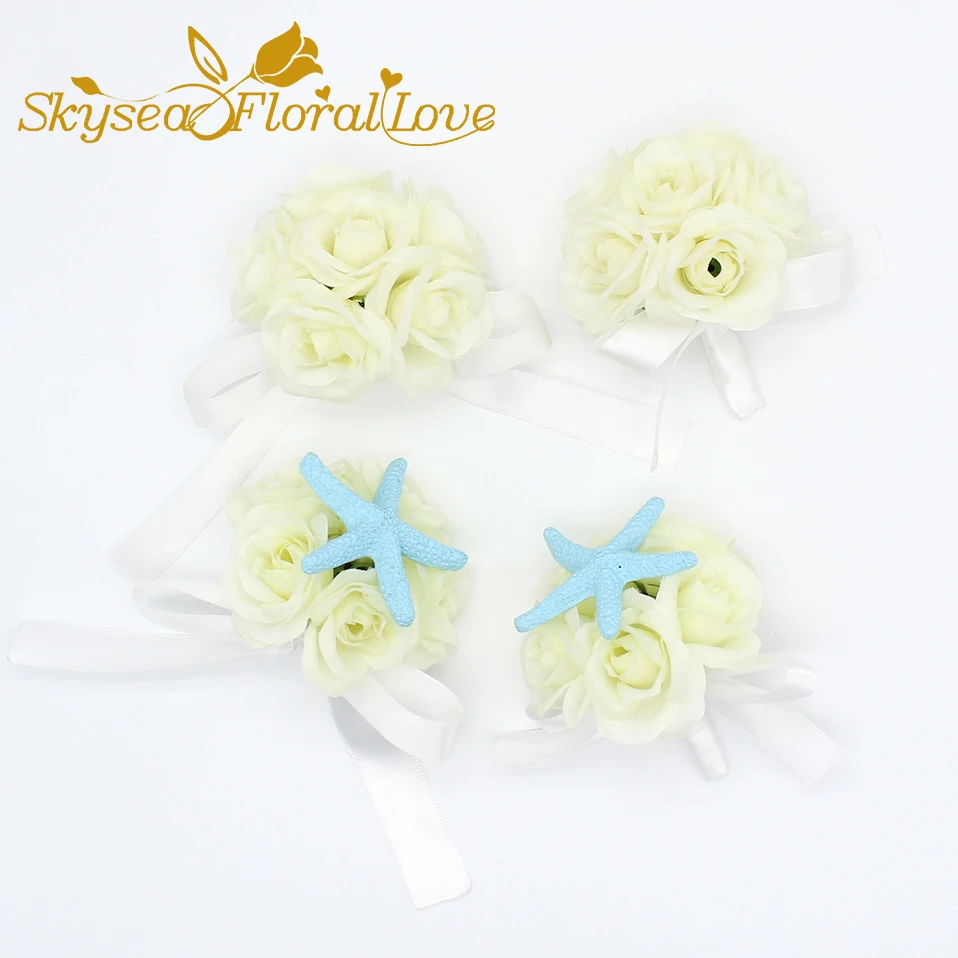 Свадебные бутоньерки и Бутоньерки для жениха белая синяя Роза морская звезда