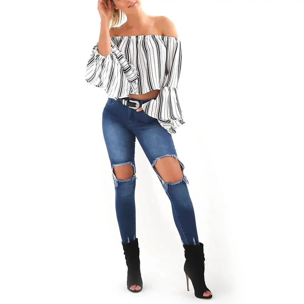Yfashion Сексуальная Блузка в полоску женские летние оборки открытые плечи