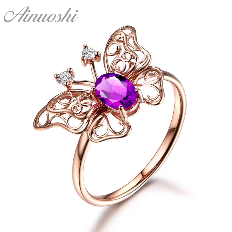 AINUOSHI Природный аметист бабочка кольцо розовое золото цвет 1.25ct овальной огранки 925 серебро двойной полое для женщин обручение ювелирн