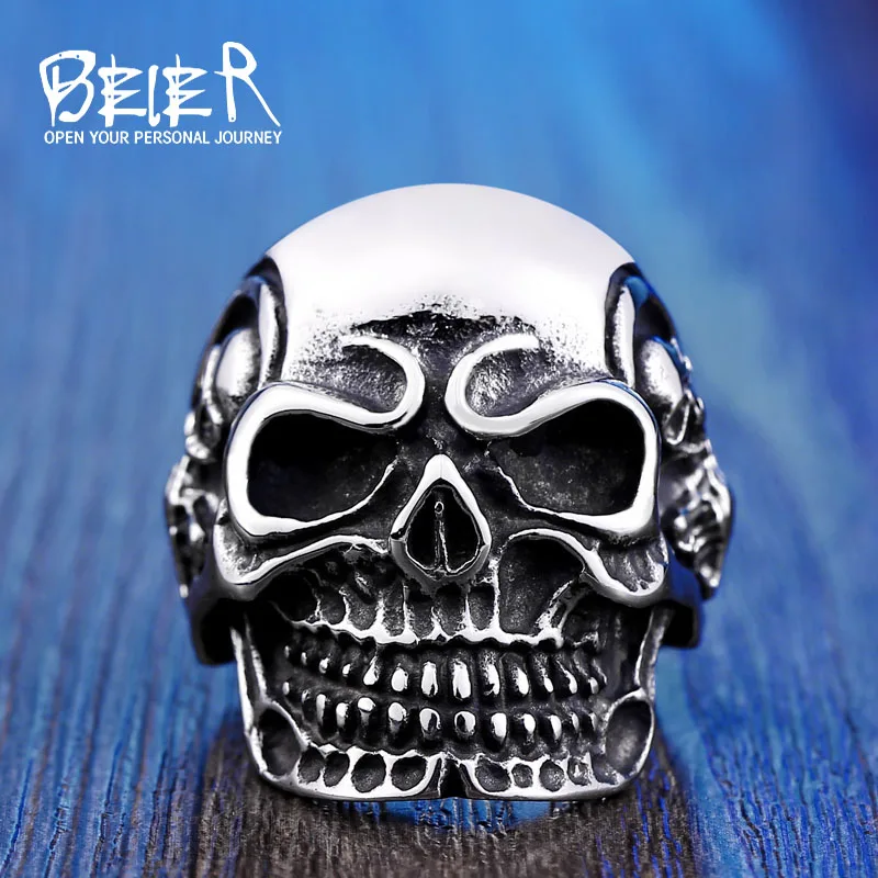 BEIER Dropshipping Fashion Stainless Steel Rings For Man Big Tripple Skull Ring Punk Biker Jewelry BR8-068 - Цвет основного камня: silver colour