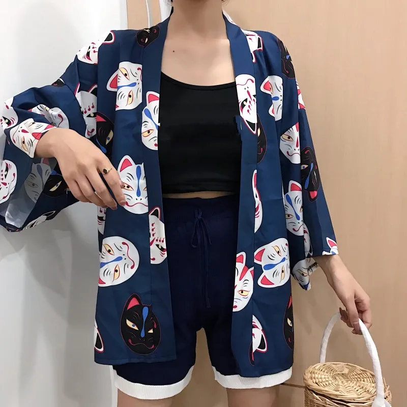 Harajuku кимоно японский товары для кошек печати Свободные Повседневное кардиган