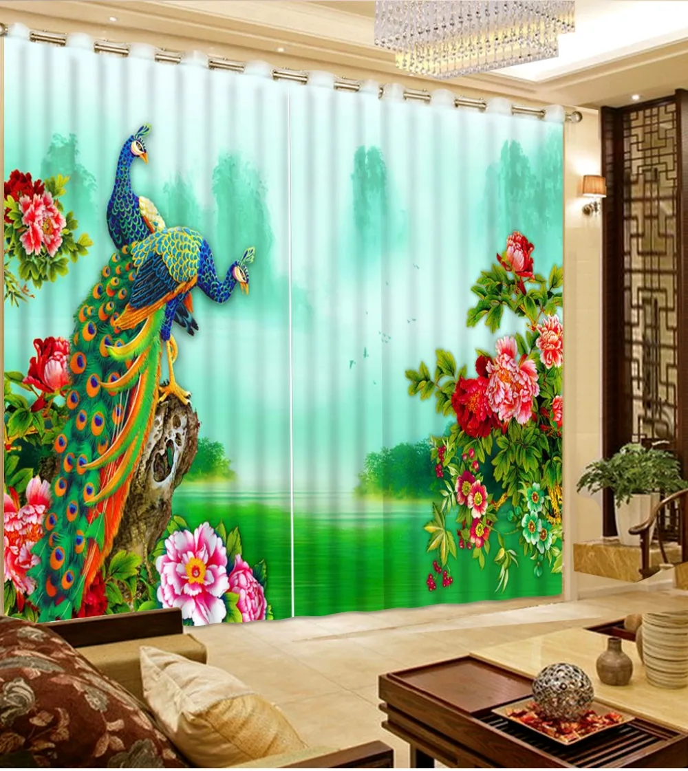 

3D Curtains Peacock Photo Window Curtains Living Room Bedroom Window Treatment Chinese Luxury Fabric Thick Curtain