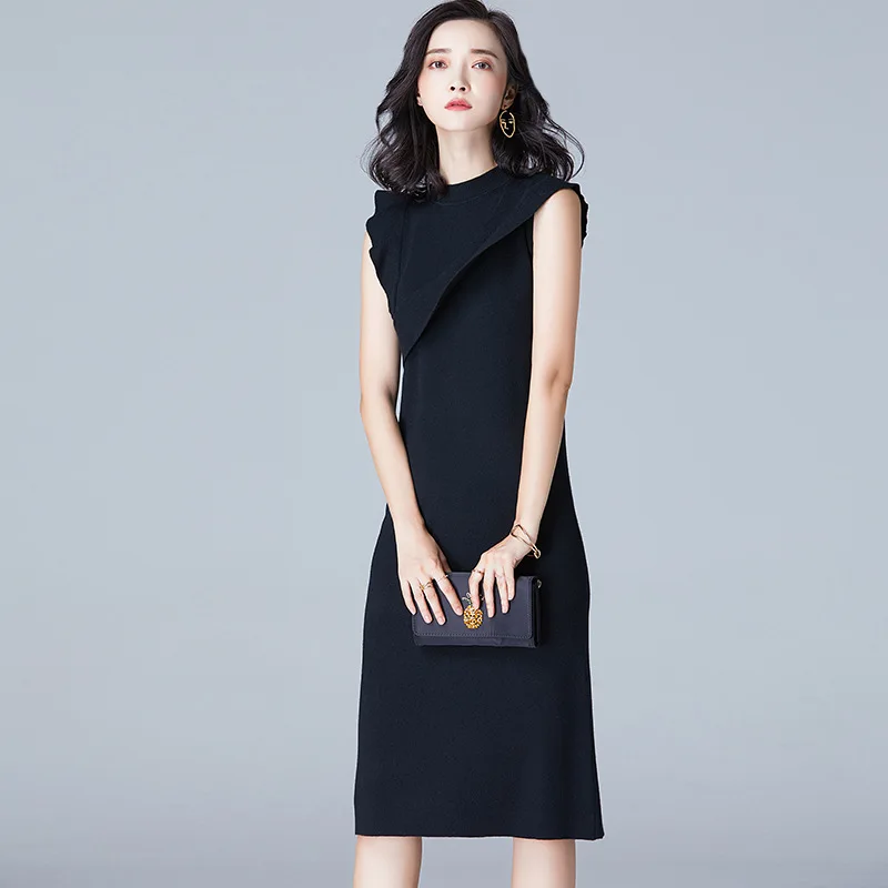 2017 Autumn Fashion Knitted O Neck Sleeveless Pullover Patchwork Solid Color Slim Knee Mini Dress | Женская одежда