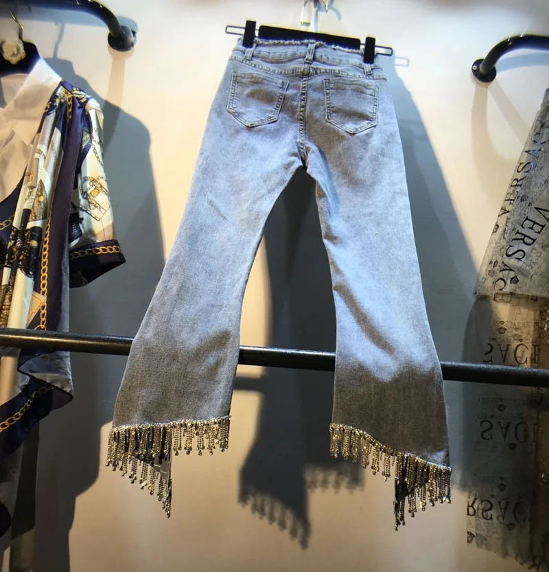 

European Women Slim Jeans Spring/Summer New Rhinestone Tassel-studded Nail Beads High Waist Flare Jeans Lady Skinny Denim Pants