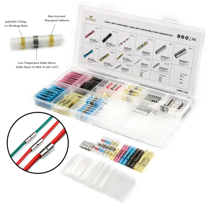

260 PCS Soldered Sleeve tube Splice Terminal+Heat Shrink Butt Terminals Wire Connector+Non-insulated Bare Wire Connectors