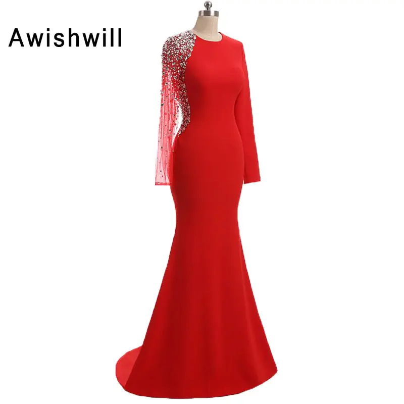 Красное платье для выпускного вечера с длинным рукавом и круглым вырезом женское