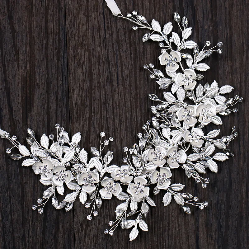 

Handmade Luxury Silver Color Crystal Wedding Hair Vine Flower Leaf Bridal Rhinestone Headband With Ribbon For Women Accessories