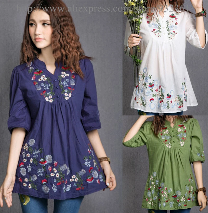Винтажная женская блузка с цветочной вышивкой хлопковая рубашка топ Женские