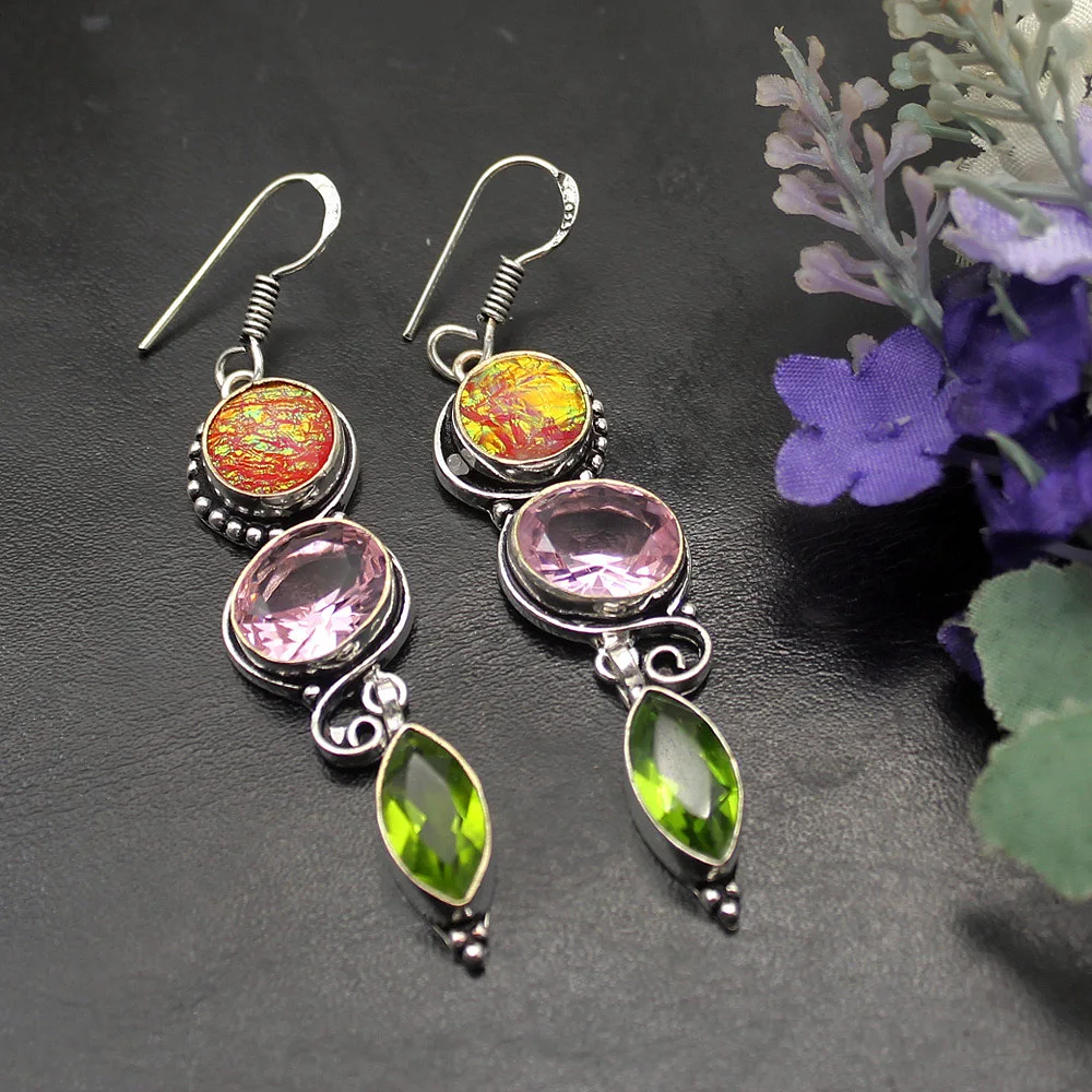 925 Sterling Silver Multi Gems Dichroic Glass Peridot Fashion Jewelry Dangle Women Earrings AK46 | Украшения и аксессуары