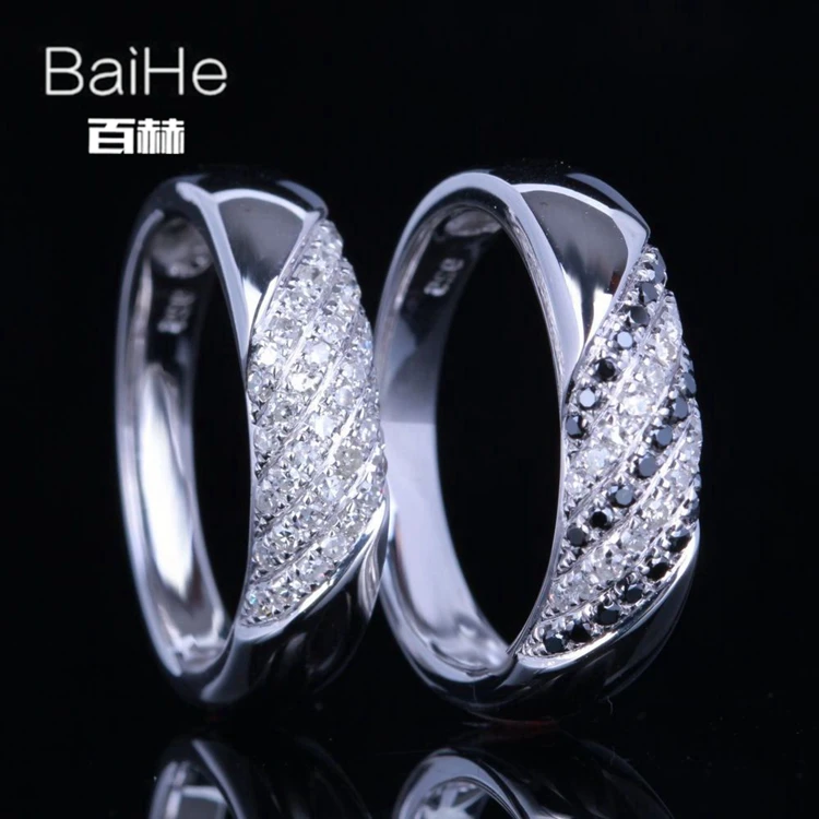 BAIHE Solid 14 K белое золото(AU585) 0.6CT сертифицированное H/SI круглое натуральное бриллиантовое черное бриллиантовое свадебное тонкое Ювелирное кольцо