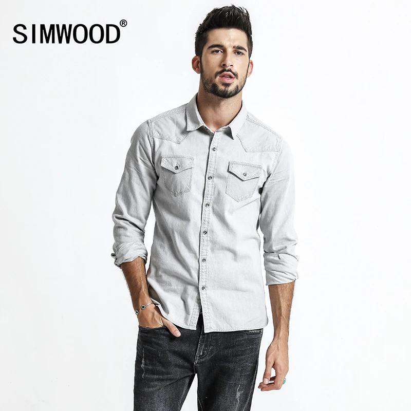 SIMWOOD 2019 новые весенние джинсовые рубашки для мужчин карман Slim Fit с длинным рукавом