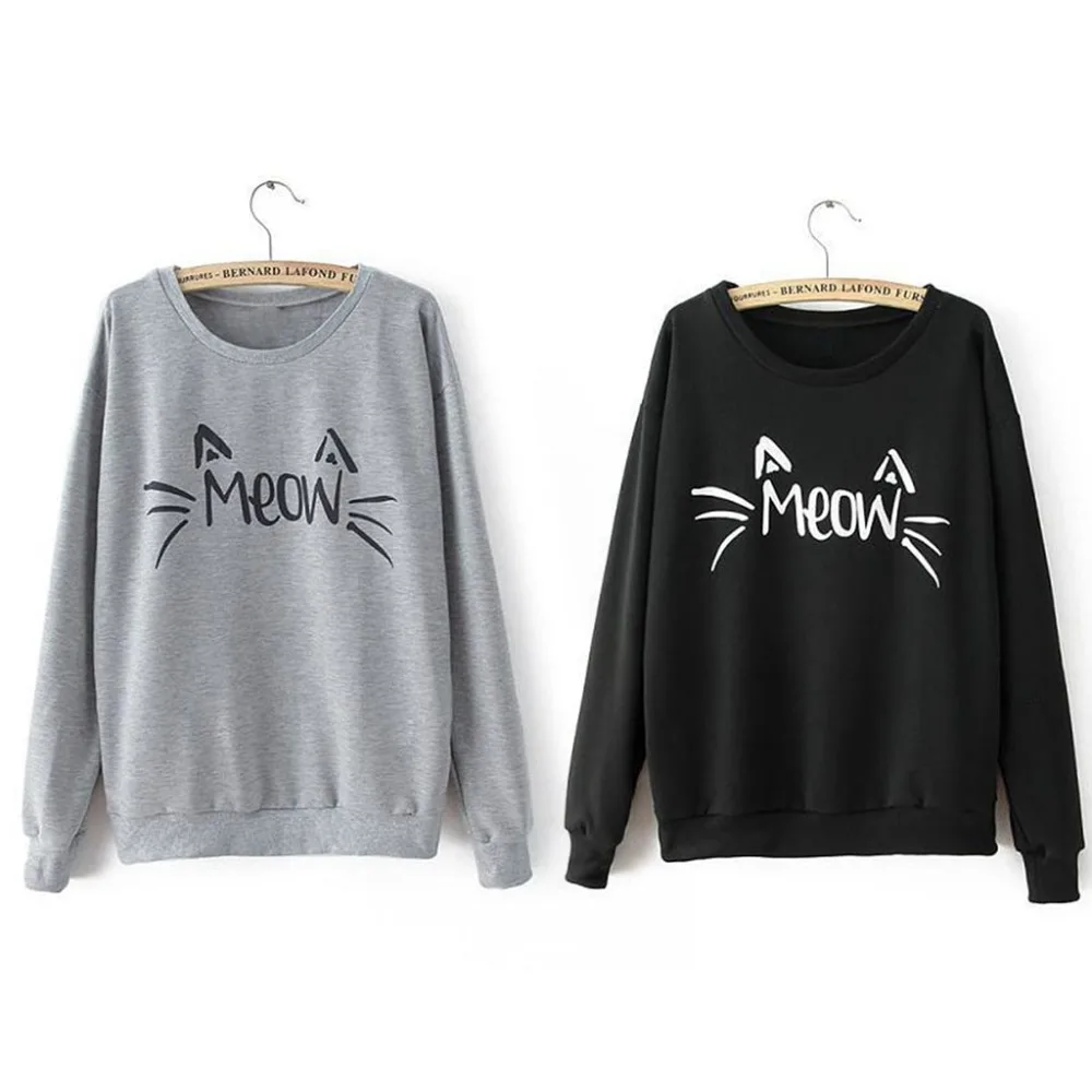 Autumn Charm Women Long Sleeve Sweatshirt MEOW Print Tops Jacket Coat Cozy Sweatshirt 2018 New THINKTHENDO