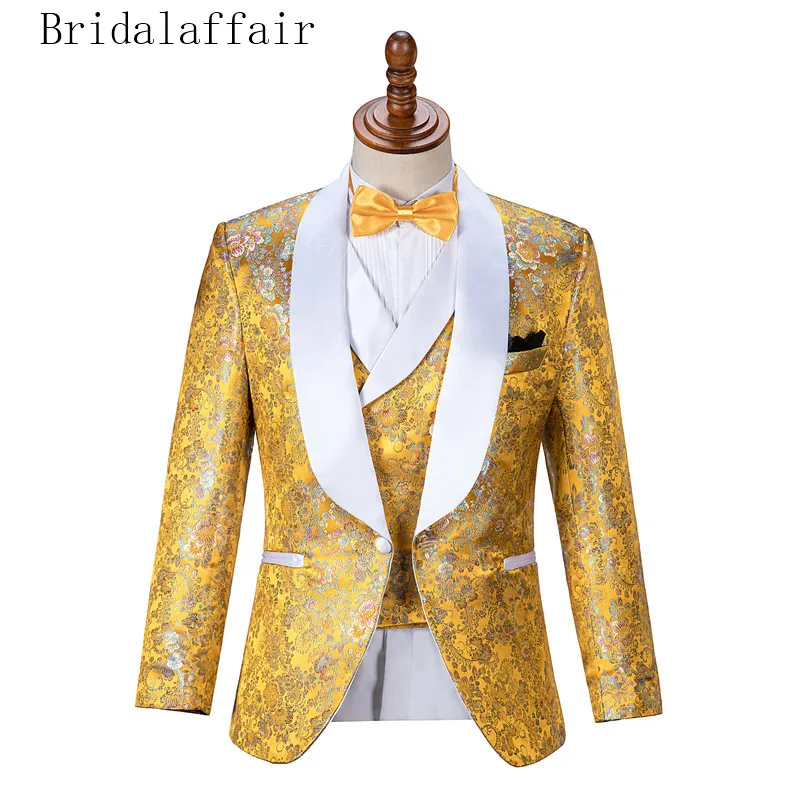 Мужские свадебные костюмы с золотым цветочным узором Bridalaffair приталенный смокинг