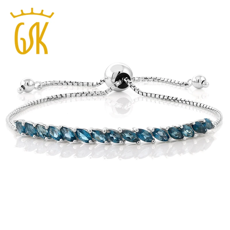 GemStoneKing Women's Sterling Silver Bracelet Genuine London Blue Topaz 1.5 cttw 925 Fully Adjustable | Украшения и