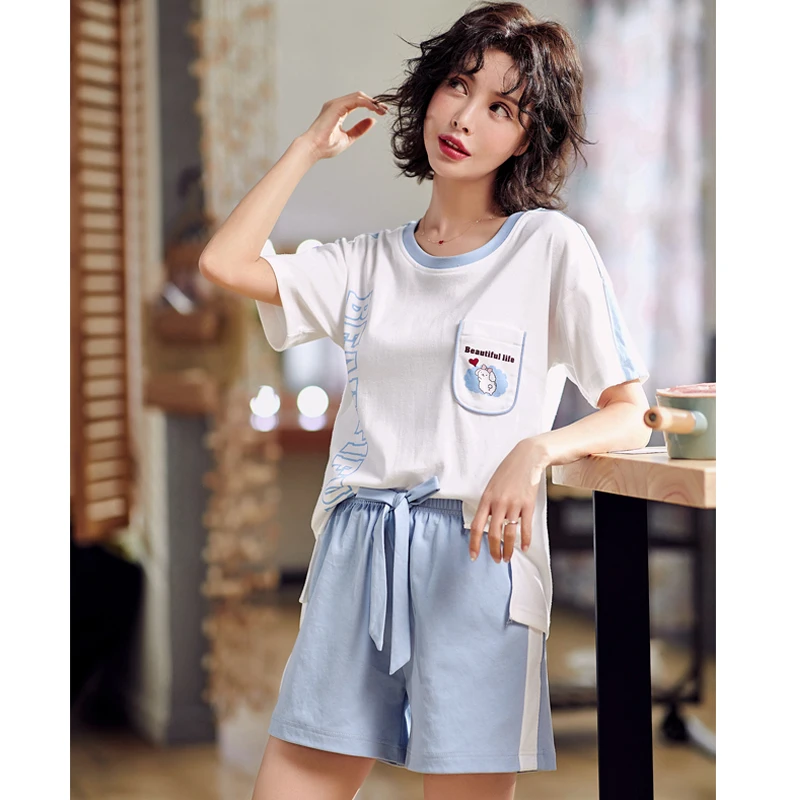 pyjamas Женские пижамные комплекты Лето хлопок Мультяшные короткие пижамы Домашняя одежда Пижама с животными женские пижамы женские шорты - Цвет: pyjamas