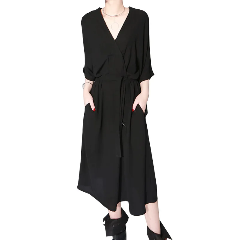 

Darkness Fashion Elegant Lady Black V Neck Half Sleeve Work Wear Midi Chiffon Dress Oversize Loose Vestido Office Women Style