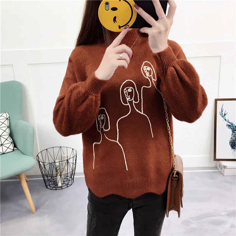

women pullovers sweater lady knitwear half a turtleneck embroidery beauty wavy edge thickening clothes knit a female top