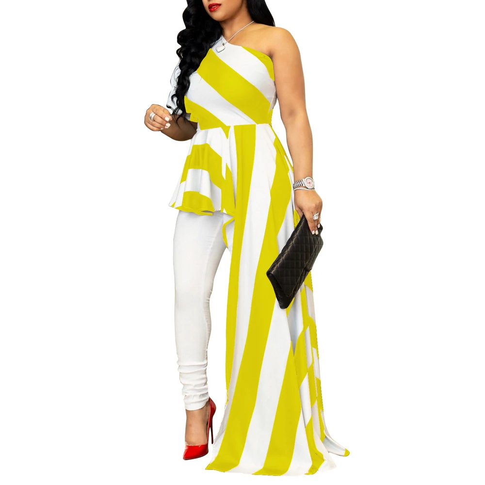 Для женщин Летнее Полосатое Туника Высокая Низкая Топ с открытыми плечами