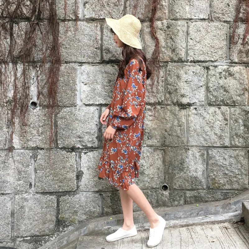 Милый Цветочный Принт Свободные Dress Puff Рукавом Оборками Midi Весна Лето Халат Femme
