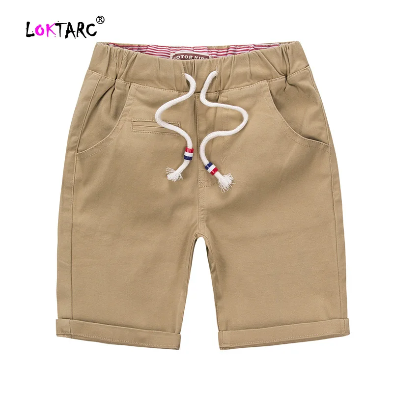 Khaki LOKTARC/Детские Короткие штаны с эластичной резинкой на талии прямые шорты для мальчиков Drawstring Твердые хлопковые шорты в стиле кэжуал летняя одежда - Цвет: Khaki