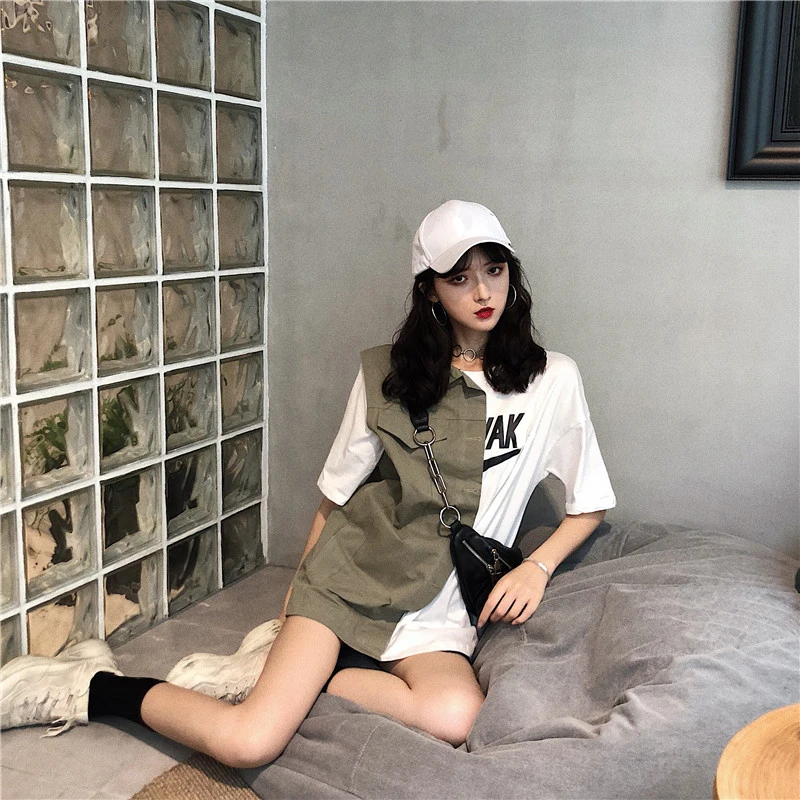Woherb летняя Harajuku футболка Женская Корейская уличная Лоскутная рубашка Женская свободная длинная футболка Camiseta Mujer 21266