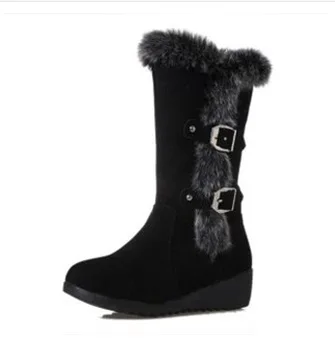 Дамские сапоги большого Размеры теплые плюшевые нубук с пряжкой Теплые туфли на