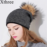 xthree women winter hat wool knitted hat beanie with real mink fur pom poms skullie hat for women girls hat cap feminino