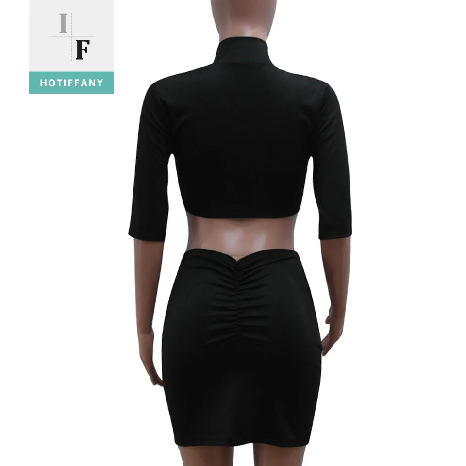 HOTIFFANY 2 Piece Set Women Skirt Suits 2018 Summer Black Sexy T Shirts Tops Femme Three Quarter Bodycon Solid Skirts Hollow Out | Женская