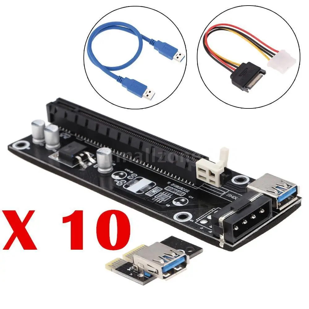 10 шт. PCI E Express 1x до 16x Райзер плата карта USB 3 0 адаптер с SATA кабелем питания кабель