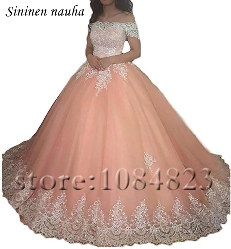 Платье Quinceanera 2019 с открытыми плечами и короткими рукавами Коралловое бальное