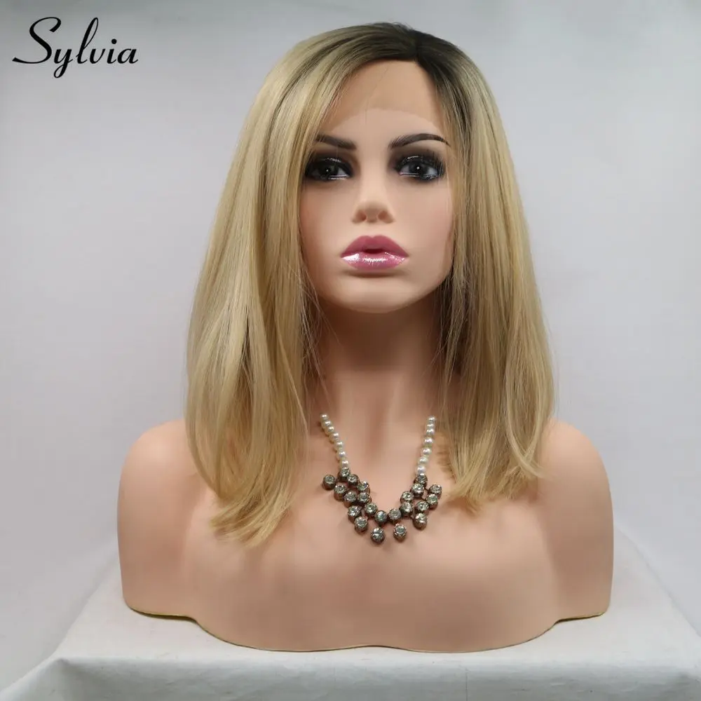 Sylvia боб парик короткие волосы блонд синтетический на кружеве с темным корнем