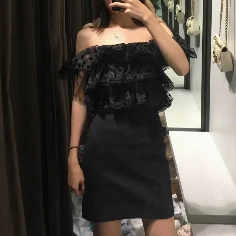 Женское платье Лето 2019 Новая мода Черный цвет в горошек лоскутное Slash шеи