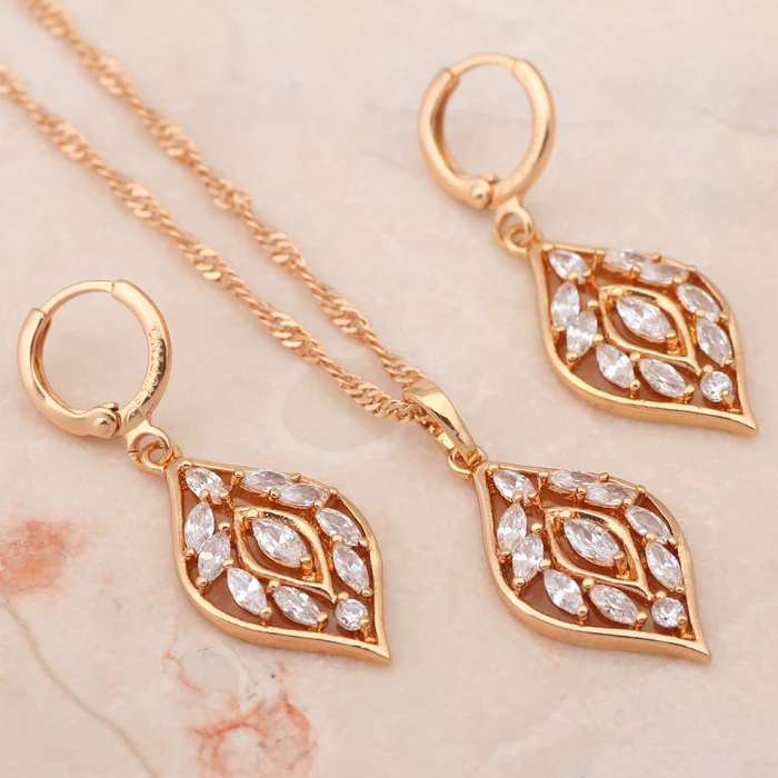 Циркония листьев Стиль Золотой Тон Модные украшения комплекты Цепочки и