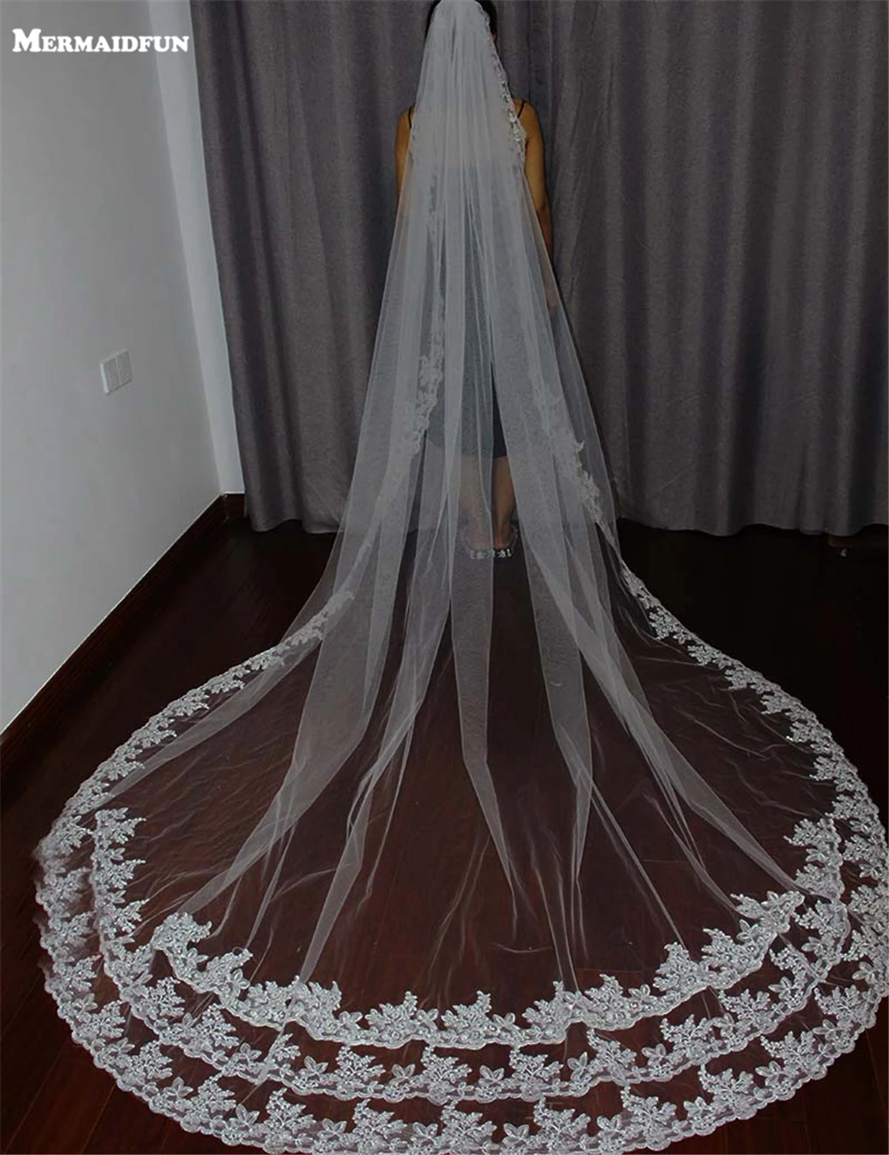 Свадебная фата в винтажном стиле длиной 3 м длинная Кружевная аппликация один