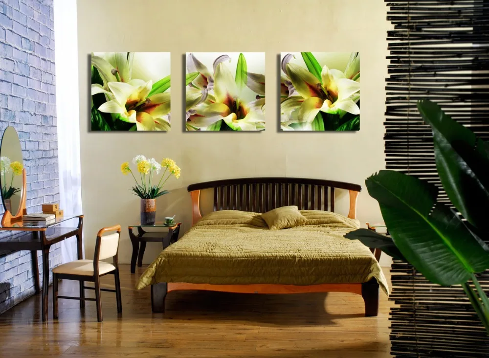 Бесплатная доставка 3 шт. реалистичные желтые цветы лилии Печать холст большие