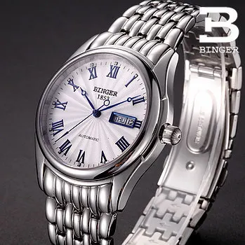 Элегантные мужские solid steel моды личности авто Binger часы из белого золота синий