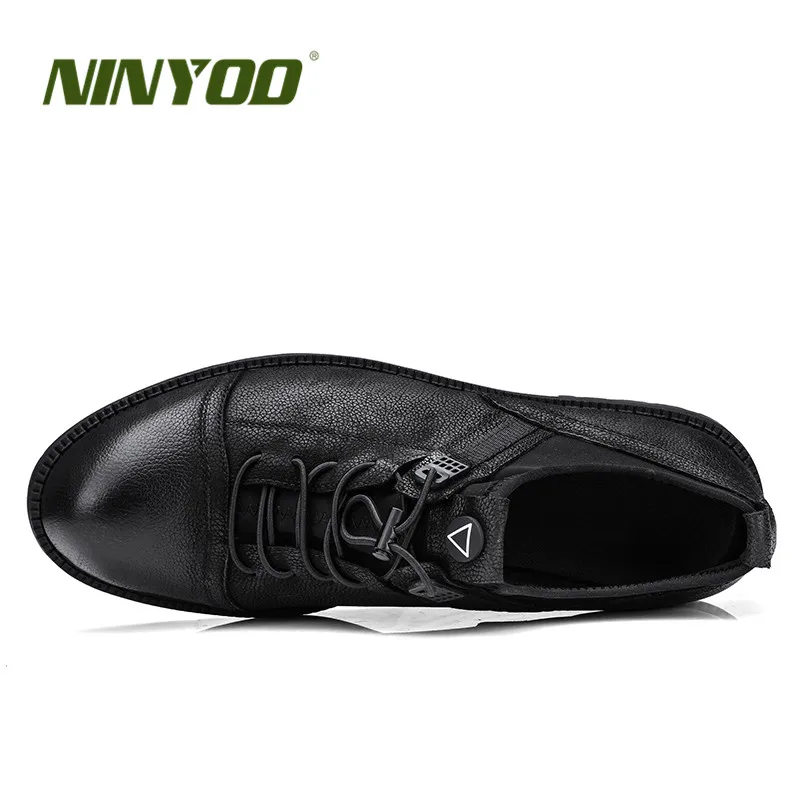 NINYOO Autumn Men's Casual Shoes Genuine Leather Wearproof Black Martens Convenient Shoelace High-end Retro Brand For Man | Обувь