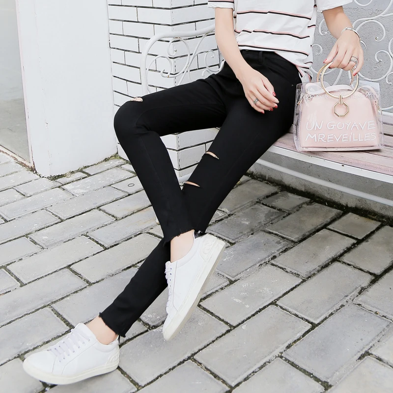 ZQLZ High Waist Ripped Autumn Jeans Women 2018 New Casual Elastic Black Denim Pencil Pants Woman Washed Ruched Trousers Mujer |