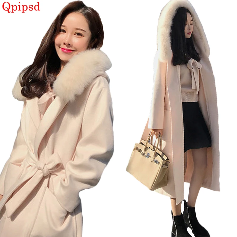 2023 New Women Autumn Winter Hooded Outerwear Wool Blend Thicken Warm Long Coat Slim Woolen Overcoat Cashmere Female Wool Jacket