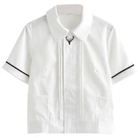 japanese school girls lovely embroidery deer head white short sleeve shirt front zipper casual tops jk cosplay