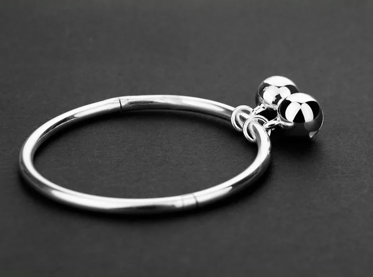 

Fashion 925 Sterling Silver Bracelet Female Bell Pendant Solid Silver Bangle Girls Charm Jewelry Smooth Bracelet Accessories