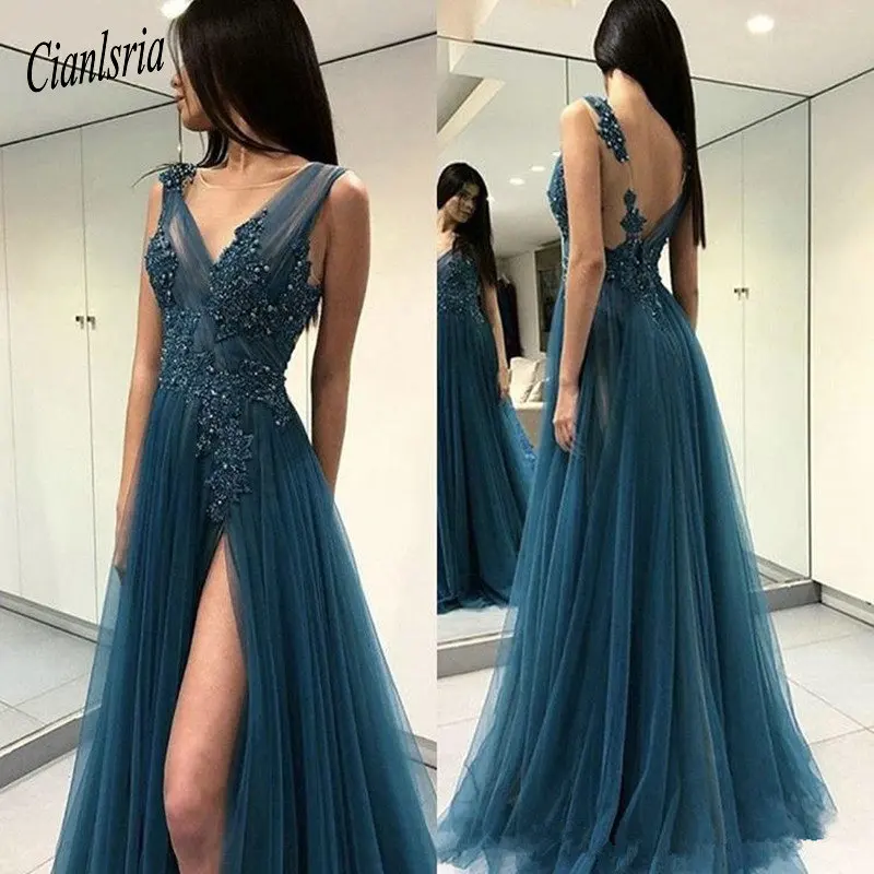 

Sexy evening dresses with Slit Long Prom Dresses Special Occasion Gowns Appliques Beading Formal Party Dress vestido de festa