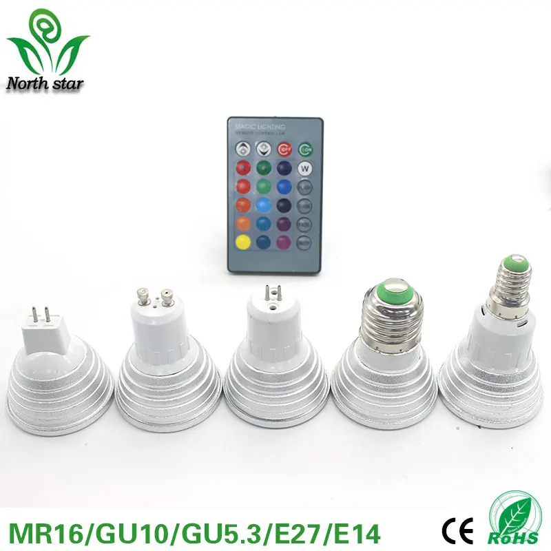 5 Вт E27 RGB светодиодный светильник 85 в 265 110 В 220 16 цветов диммируемая MR16 GU5.3 E14