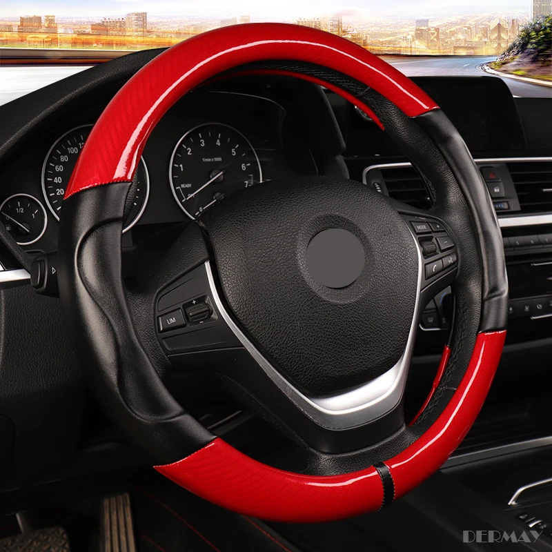 luxury car steering wheel cover non slip soft leather carbon fibre universal m size fit standard steering wheel 37 38cm free global shipping