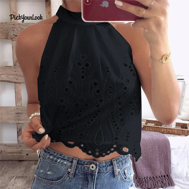 PickYourLook женский кружевной Топик с вырезами, топ без рукавов, Повседневная модная женская летняя Новинка