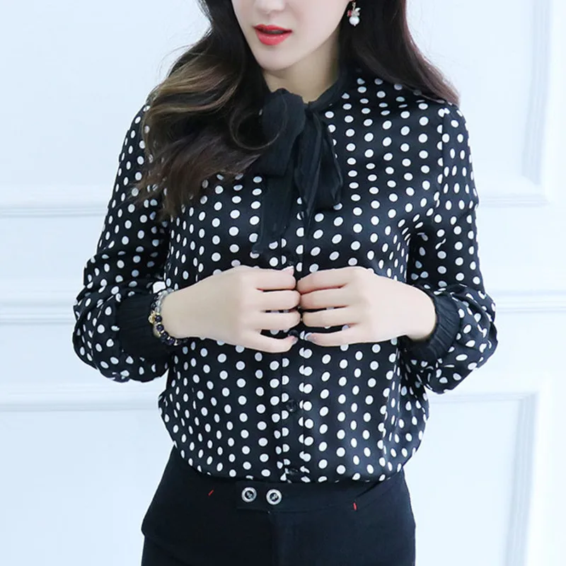 New Fashion 2018 Spring Summer Women Blouse Tie Collar Long Sleeve Polka Dot Printed Chiffon Shirt Tops B59 |
